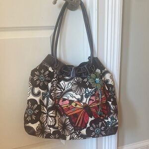 Brighton Butterfly Appliqué Canvas Shoulder Bag in Black, Cream & Multicolor